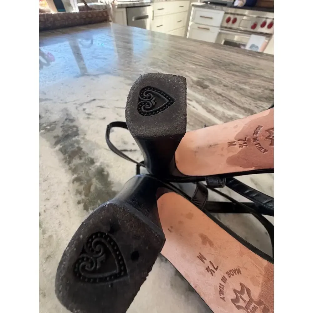 Brighton Black Croc Embossed Leather Heels Sandals Size 7.5 Boho Western